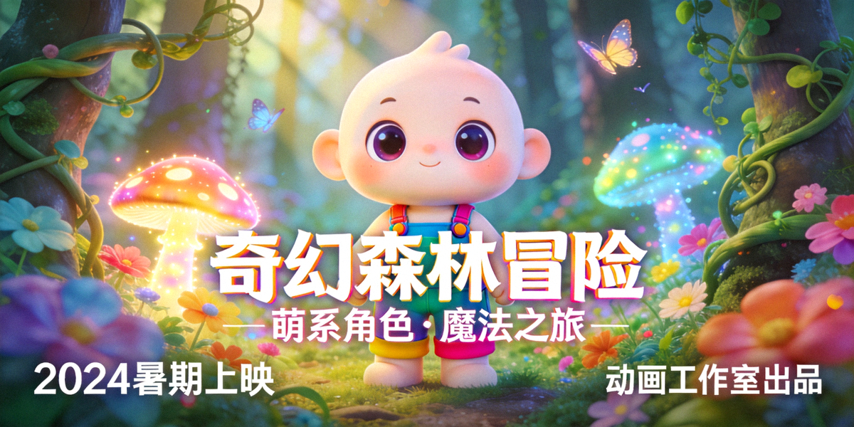 动画电影海报 - 可爱卡通角色在奇幻森林中