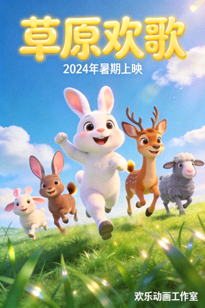 动画电影海报 - 一群可爱动物在草原上欢乐奔跑