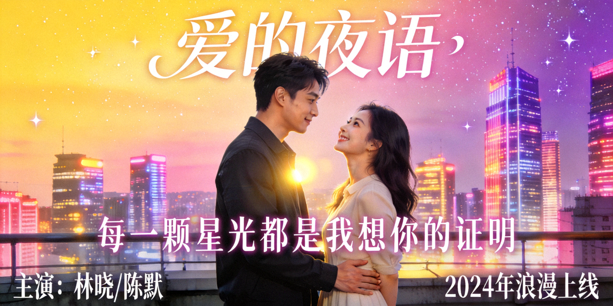 浪漫爱情电视剧海报 - 男女主角在城市夜景中