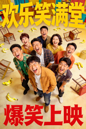 喜剧电影海报 - 一群人在滑稽场景中大笑的瞬间